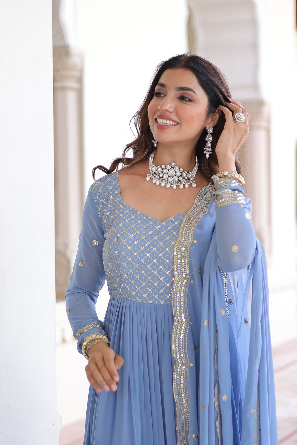 Lorenvalley Fashion Skyblue Faux Georgette with Zari & Sequins Embroidered Work Anarkali Gown with Dupatta