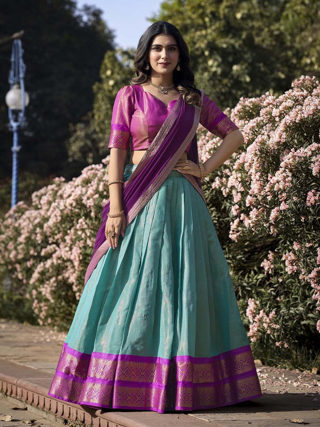 Lorenvalley Skyblue Kanchipuram Zari Weaving Work Lehenga Choli with Dupatta