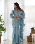 Lorenvalley Ready to wear Jimmy Choo Organza Fabric Border Lace Work Predrapped Saree