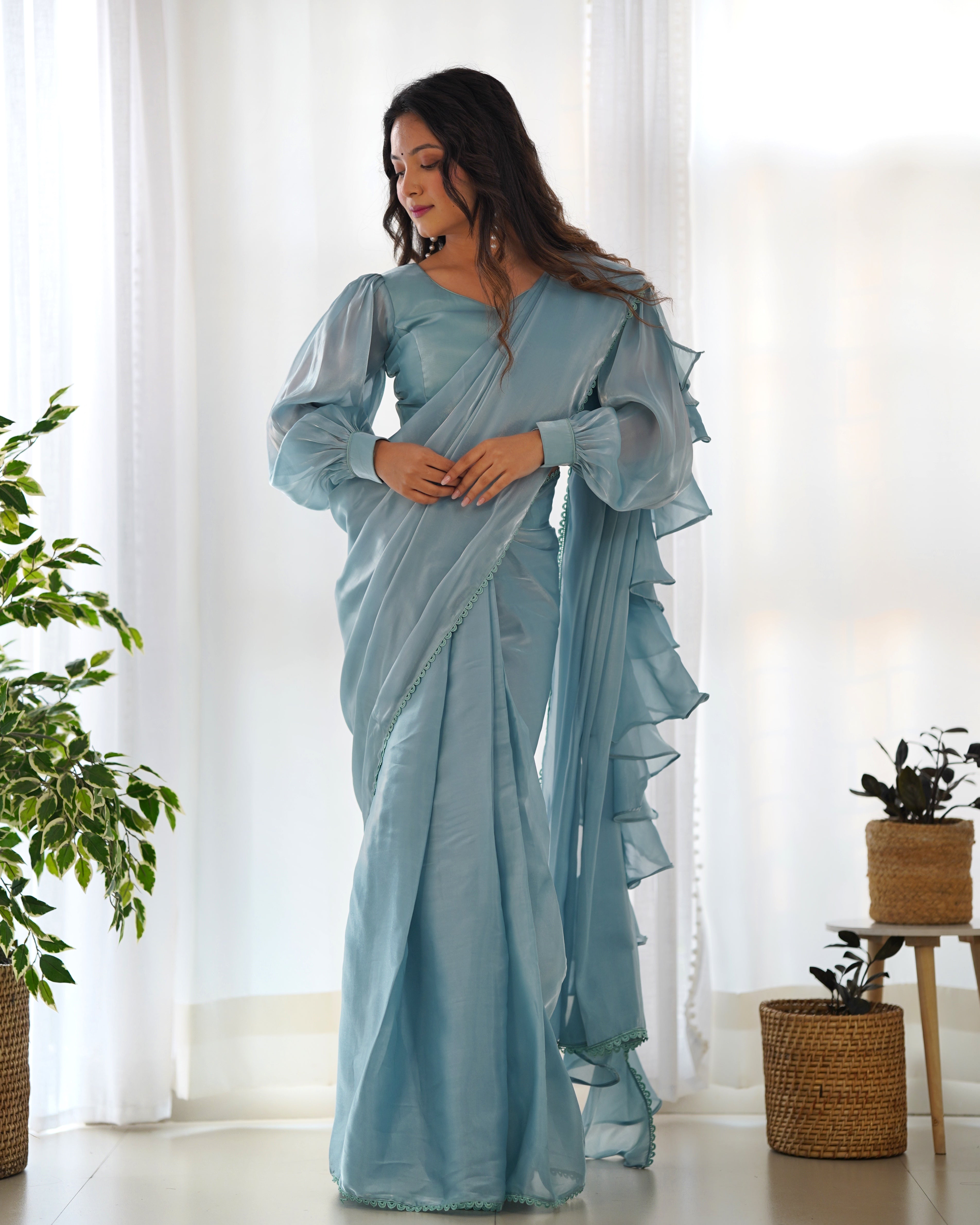 Lorenvalley Ready to wear Jimmy Choo Organza Fabric Border Lace Work Predrapped Saree
