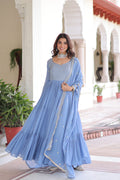 Lorenvalley Fashion Skyblue Faux Georgette with Zari & Sequins Embroidered Work Anarkali Gown with Dupatta
