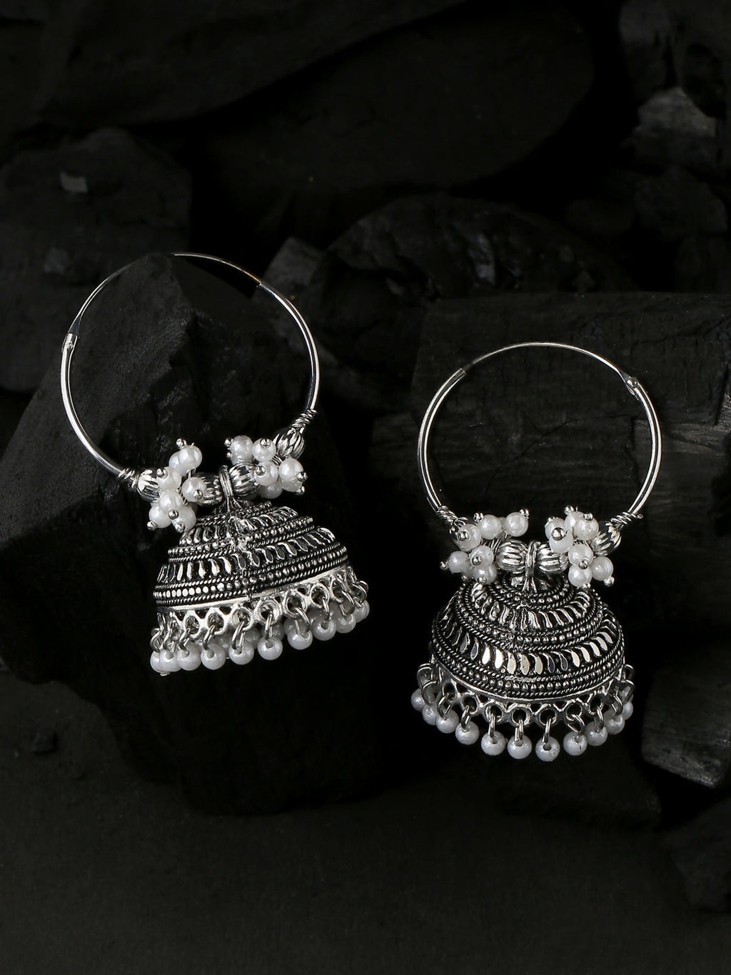 NVR Women's Silver Toned Dome Shaped Jhumkas Earrings
