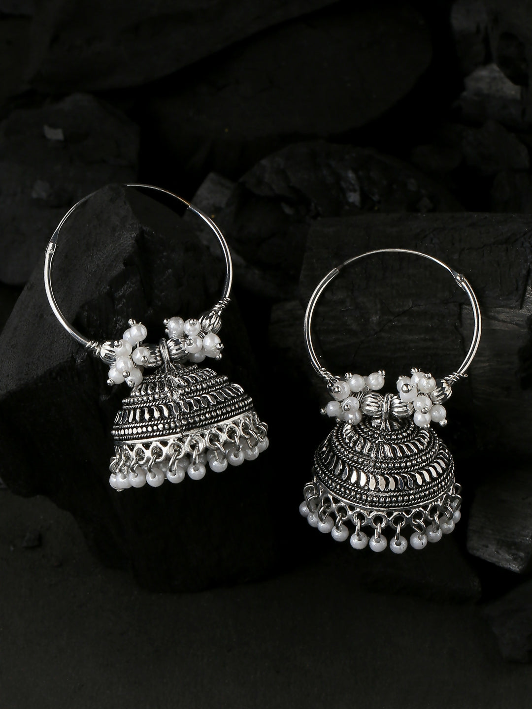 NVR Women's Silver Toned Dome Shaped Jhumkas Earrings