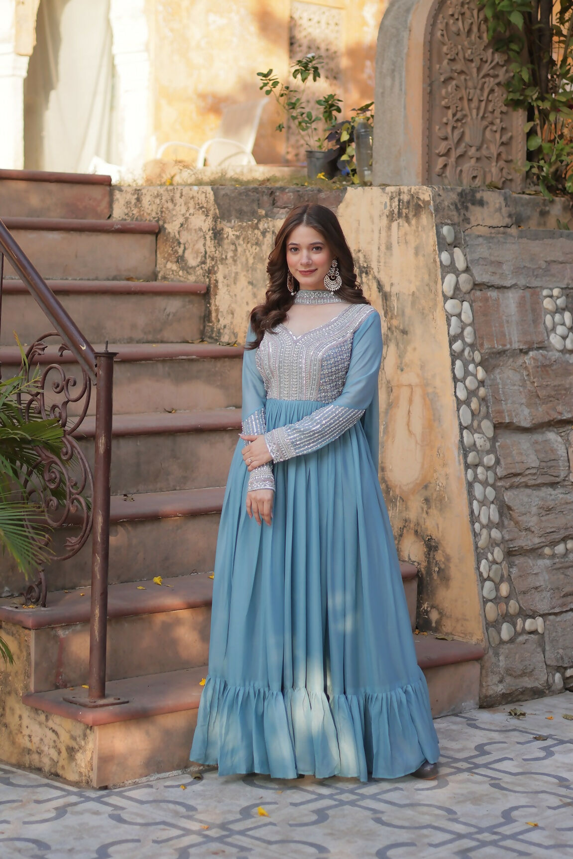 Joban Fashion Sky Blue Georgette Sequence Embroidery Work Kurta Set