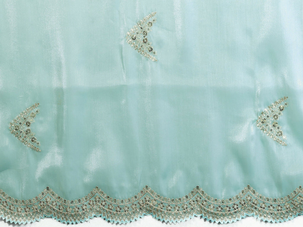 Vastranavya Sky Blue Embroidery Work Shimmer Chiffon Saree with Unstitched Blouse