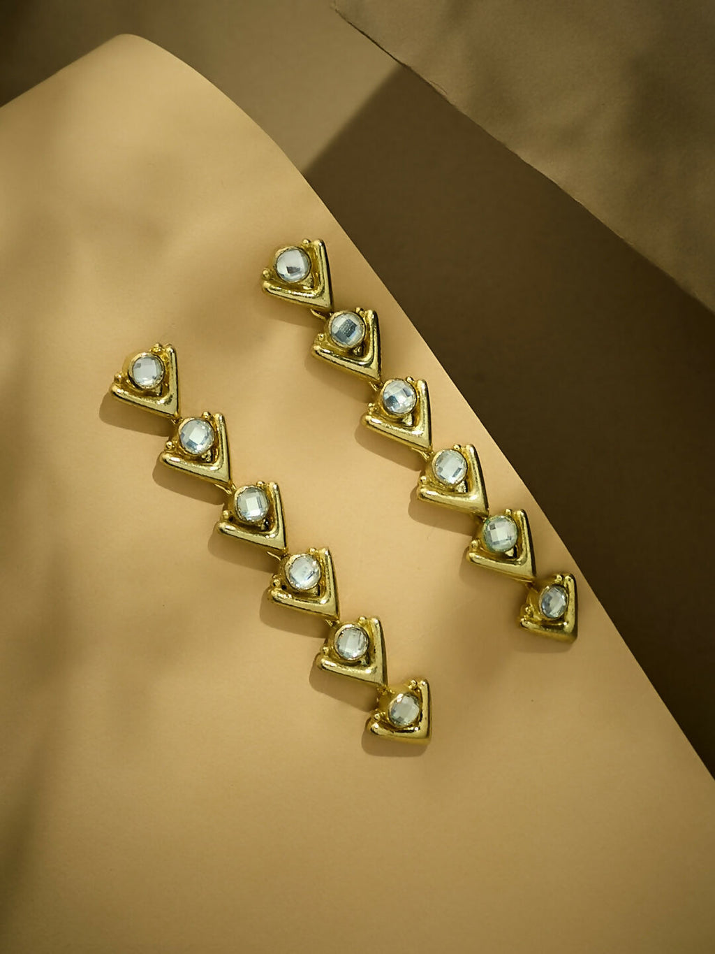 Nuyug 18K Gold-Plated Crystal Stone Studded Triangular Drop Sleek Earrings