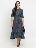 Rudra Bazaar Grey A-Line Striped Kurta