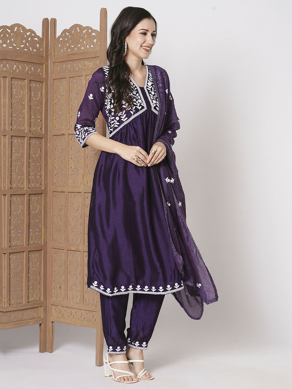 Purple Vichitra Silk Embroidery Work Kurta Set - Riya
