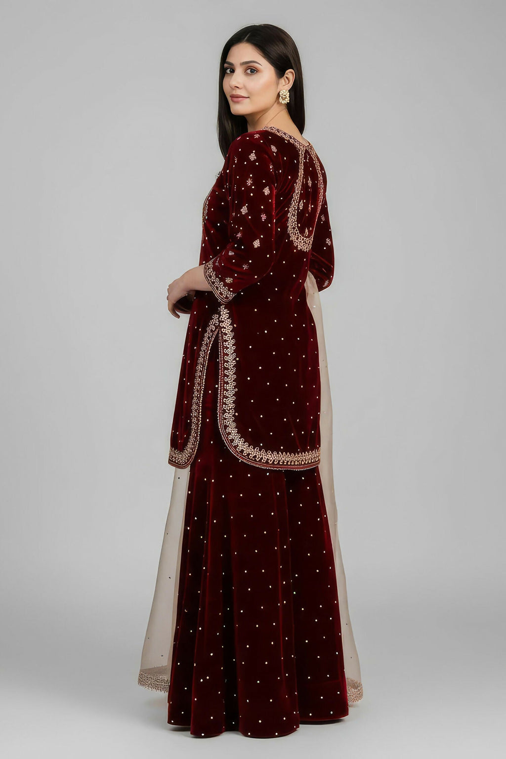 Joban Fashion Deep Maroon Velvet Embroidery Kurta Set