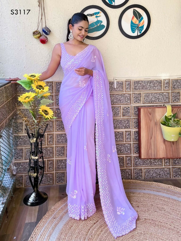 Lavender Georgette Sequence Embroidery Cut Work Saree - Saadia