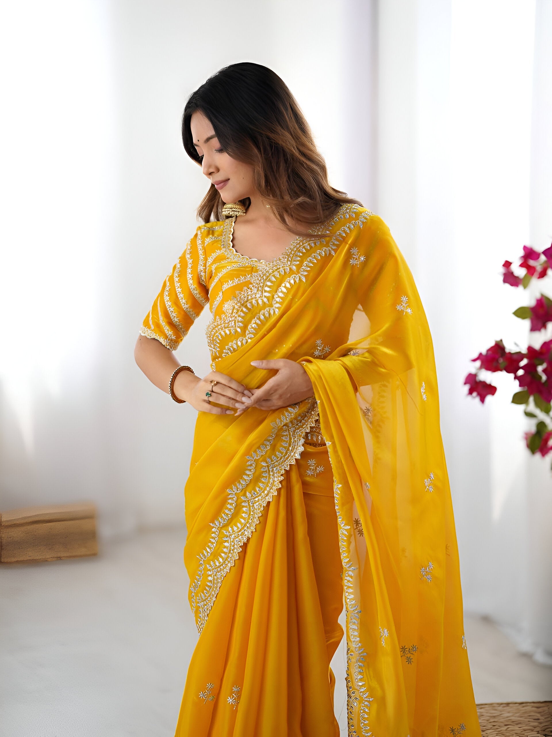 Lehenga Mart Party Wear saree for women - yellow