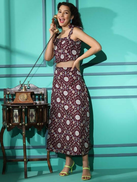 Wine Crepe Floral Printed Top with Matching Skirt - Shivani