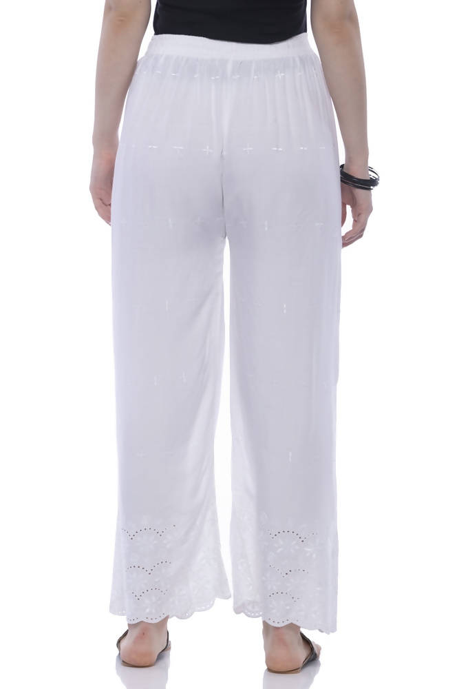 Mominos Fashion Rayon Cotton White Embroidery Chikan Palazzo