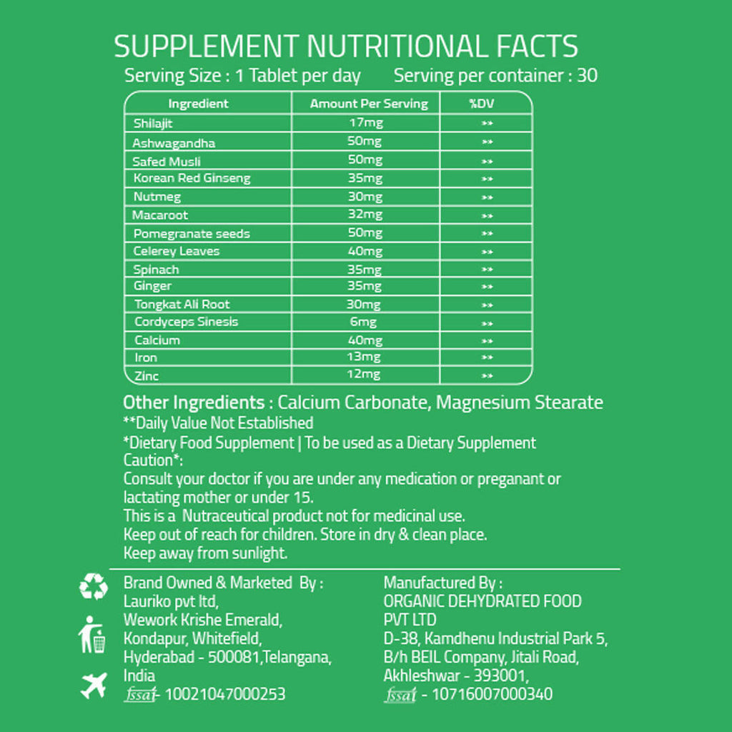 Laurik Testosterone Himalayan Sj, Ashwagandha, Safed Musli, Maca Root, And Korean Red Ginseng Tablets