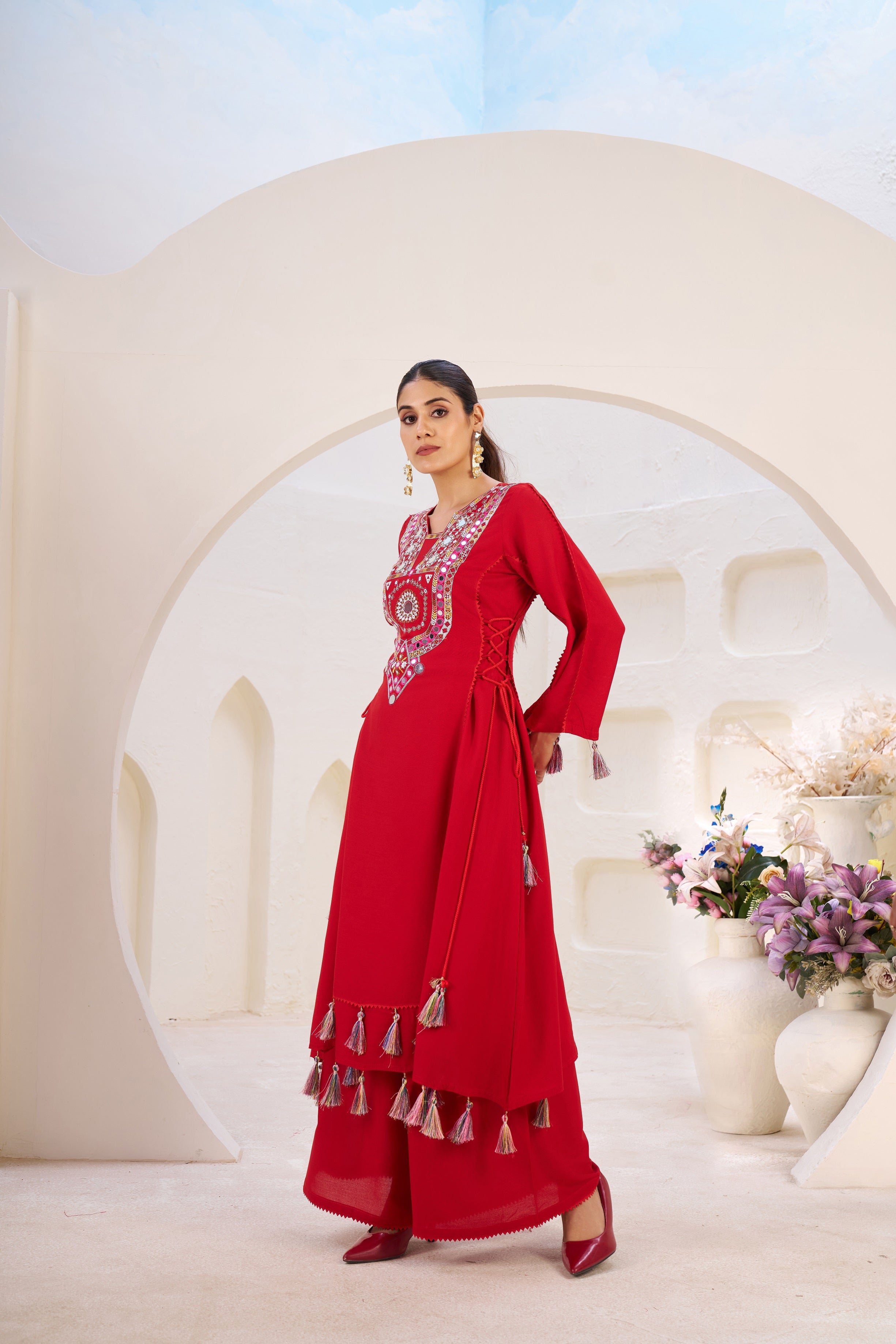 Lehenga Mart Red Reyon Designer Cord-Set Ready To Wear