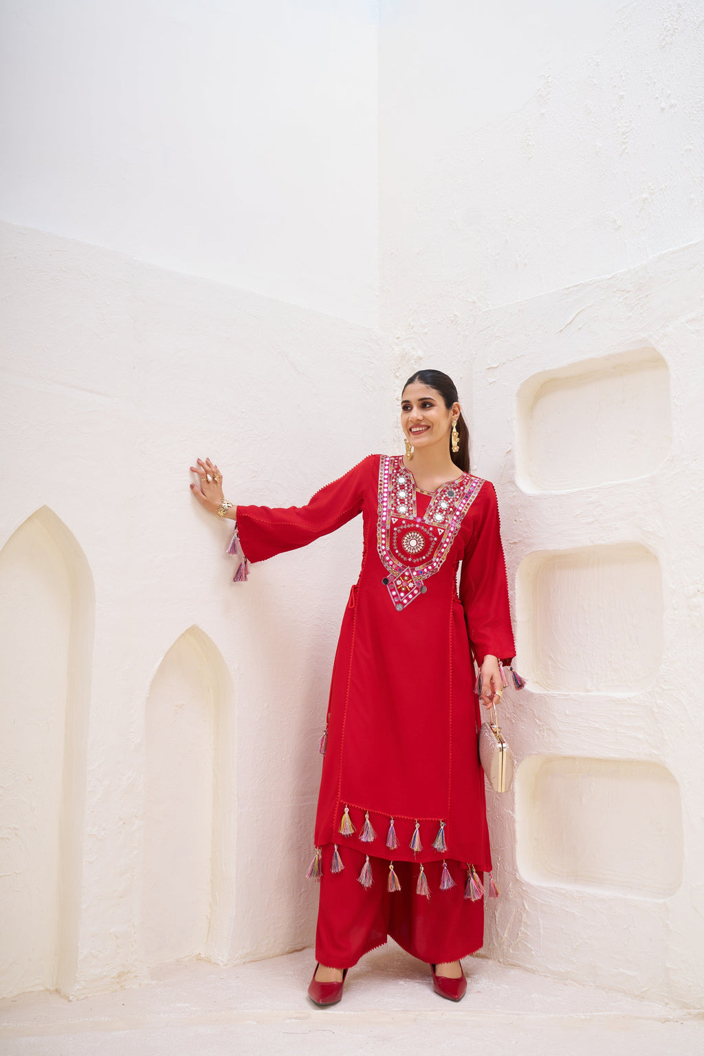 Lehenga Mart Red Reyon Designer Cord-Set Ready To Wear