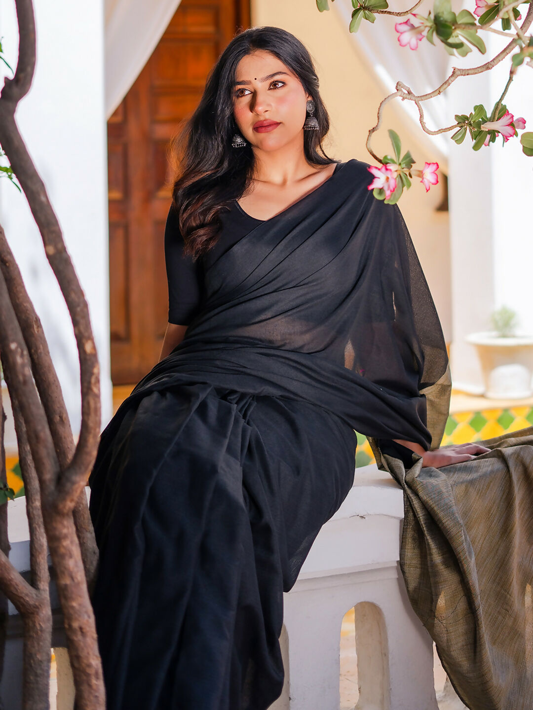 Zibaa Black & Gold Mul Cotton Saree