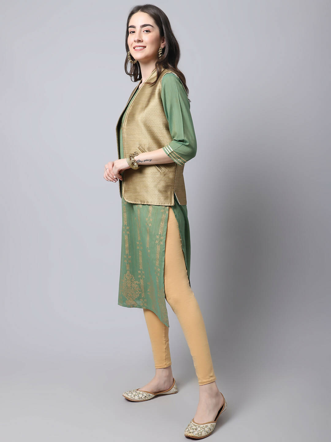 Even Apparels Beige Bansari Silk Open Front Women's Gillet