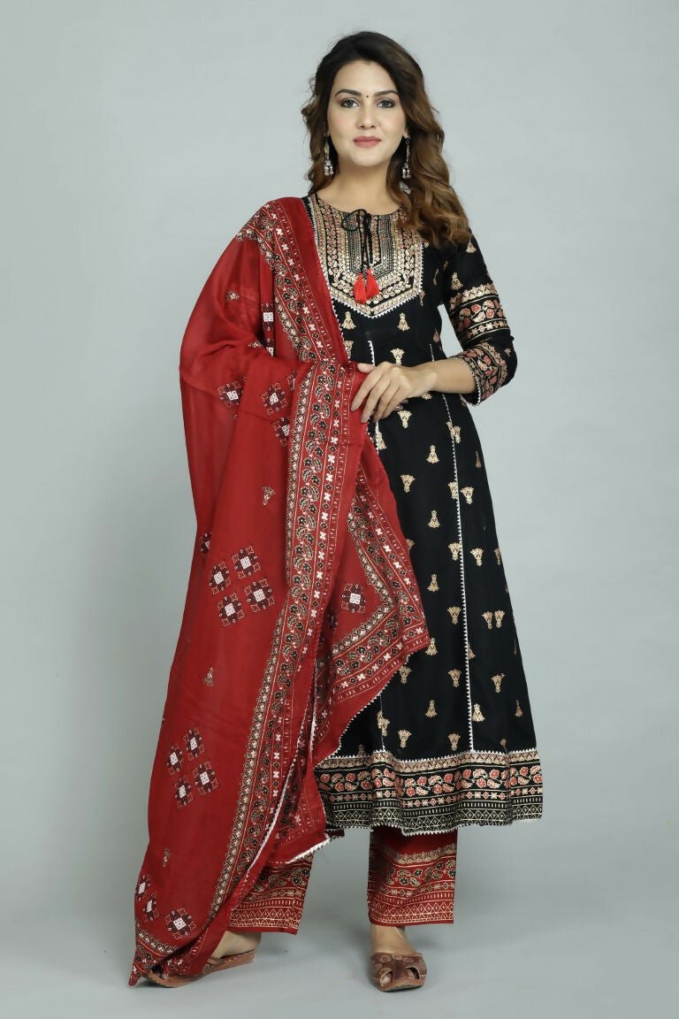 Alvano Alvano Women's Stylish Rayon Anarkali Kurta with Pant and Dupatta Set