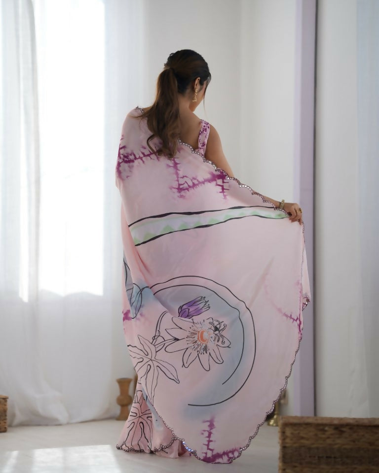 Pink Chinon Designer Digital Printed & Mirror Cut Work Saree - Kriti