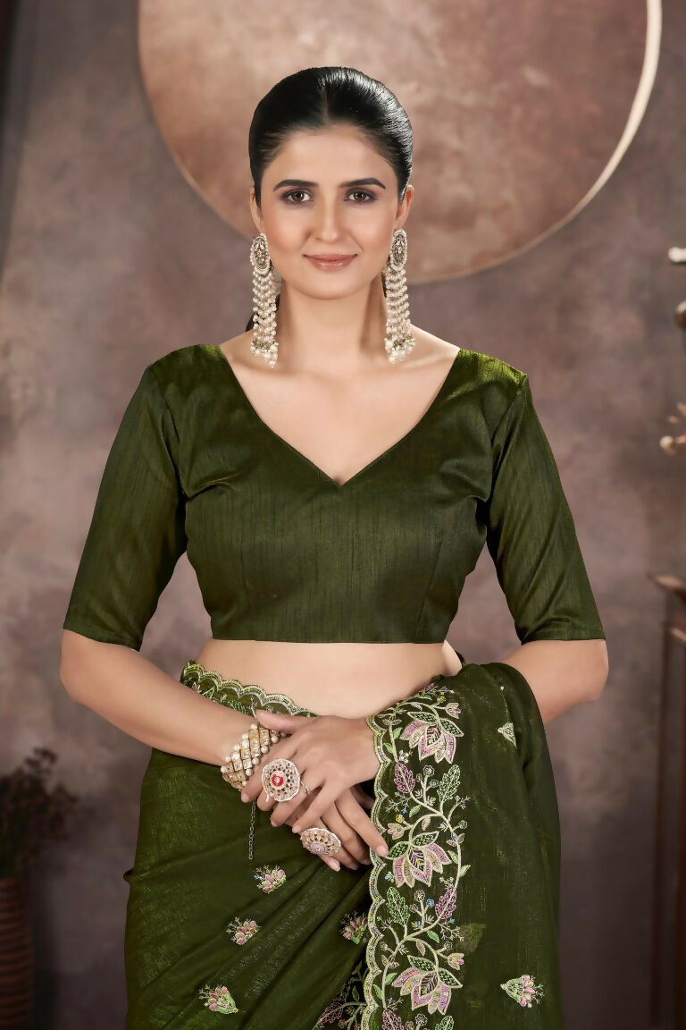 Vastranavya Gold Crunchy Multi Colour Threads Embroidery Work with Sequins Work Saree with Blouse material - Mehendi