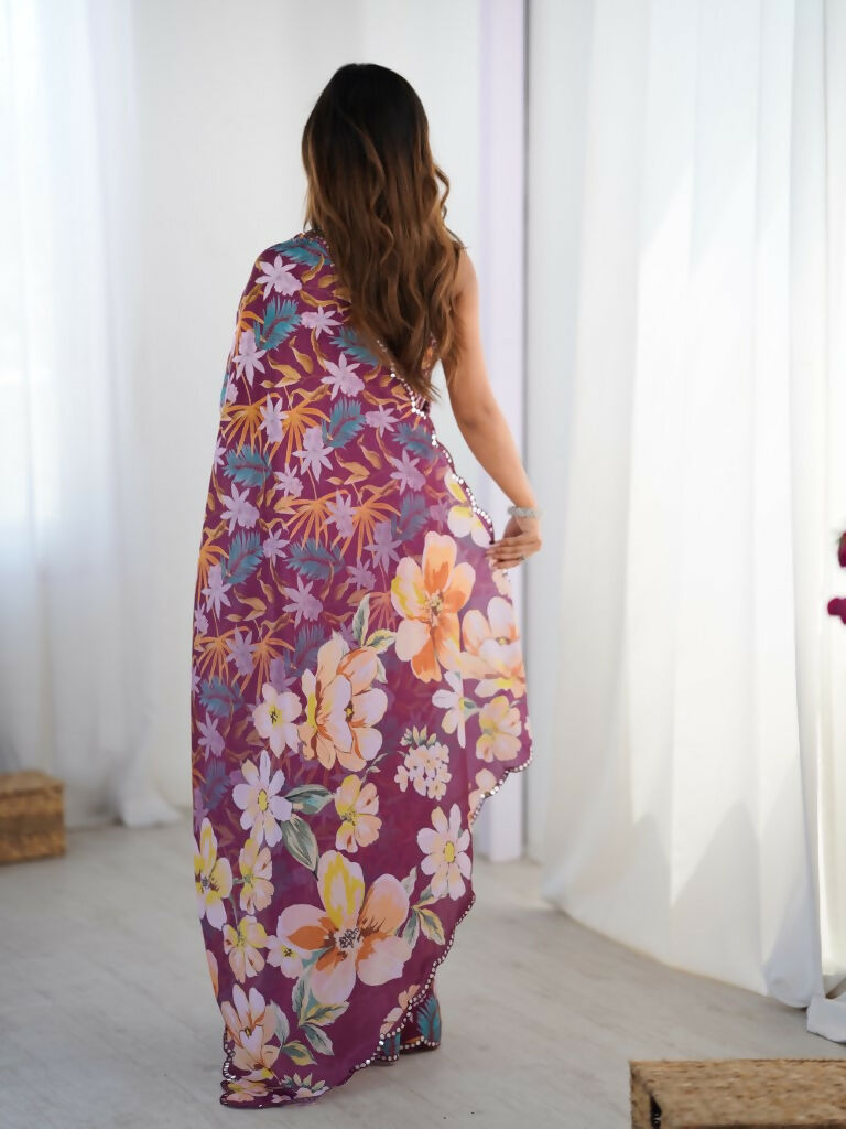 Wine Chinon Designer Digital Printed,Mirror Cut Work Saree - Elayna