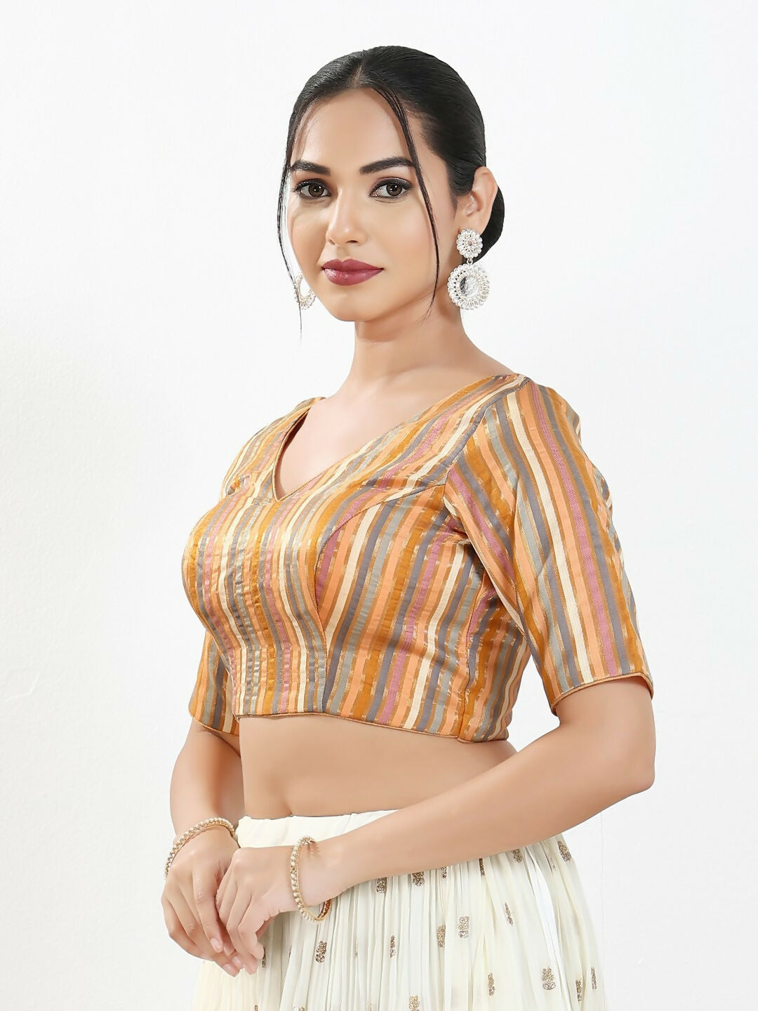 Joban Fashion Peach Multi Brocade Padded Blouse With V Neck Elbow Sleeves