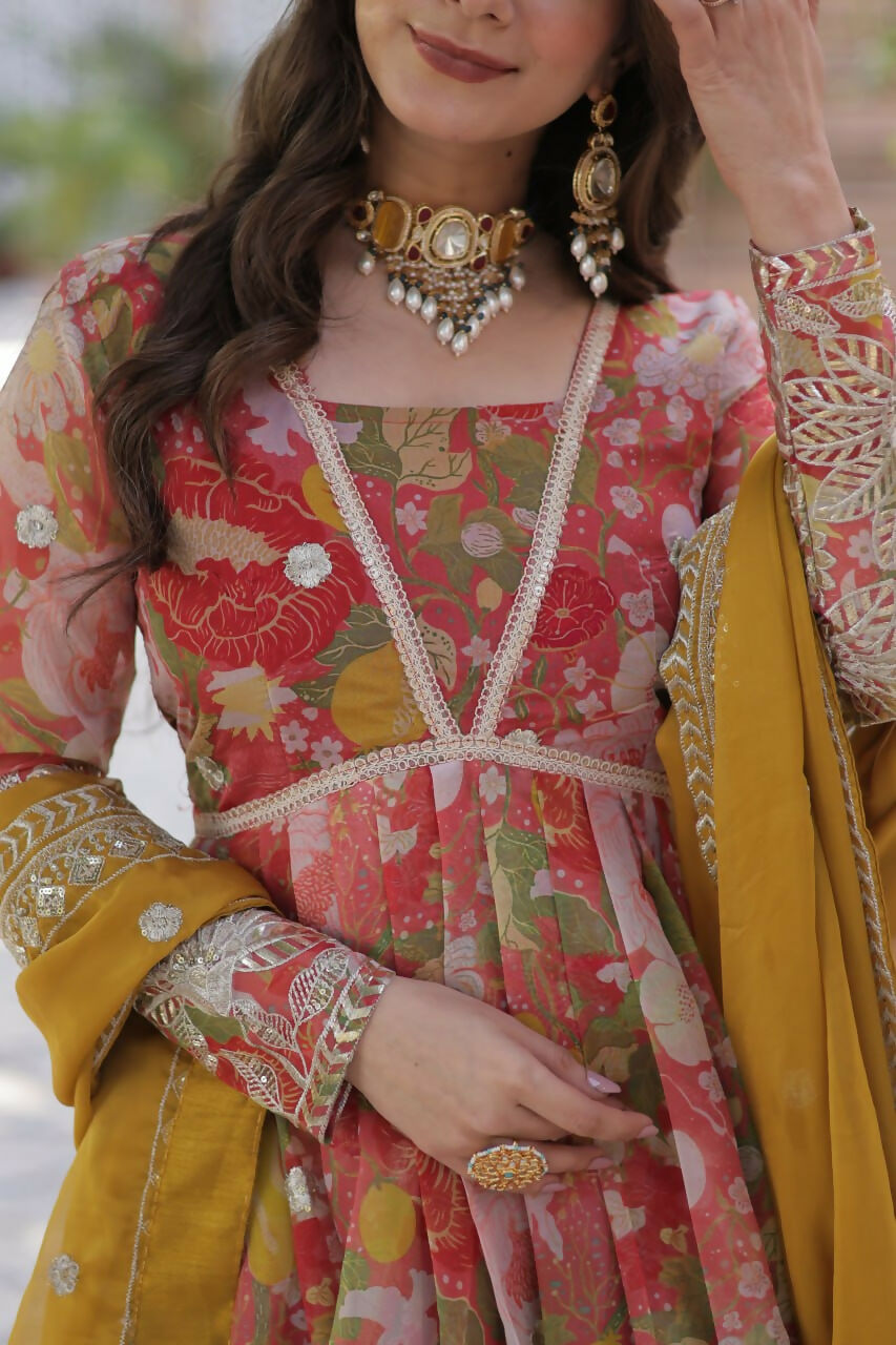 Vastranavya Multicolor Russian Silk Foil Embroidery with Zari Sequins & Digital Printed Gown Dupatta