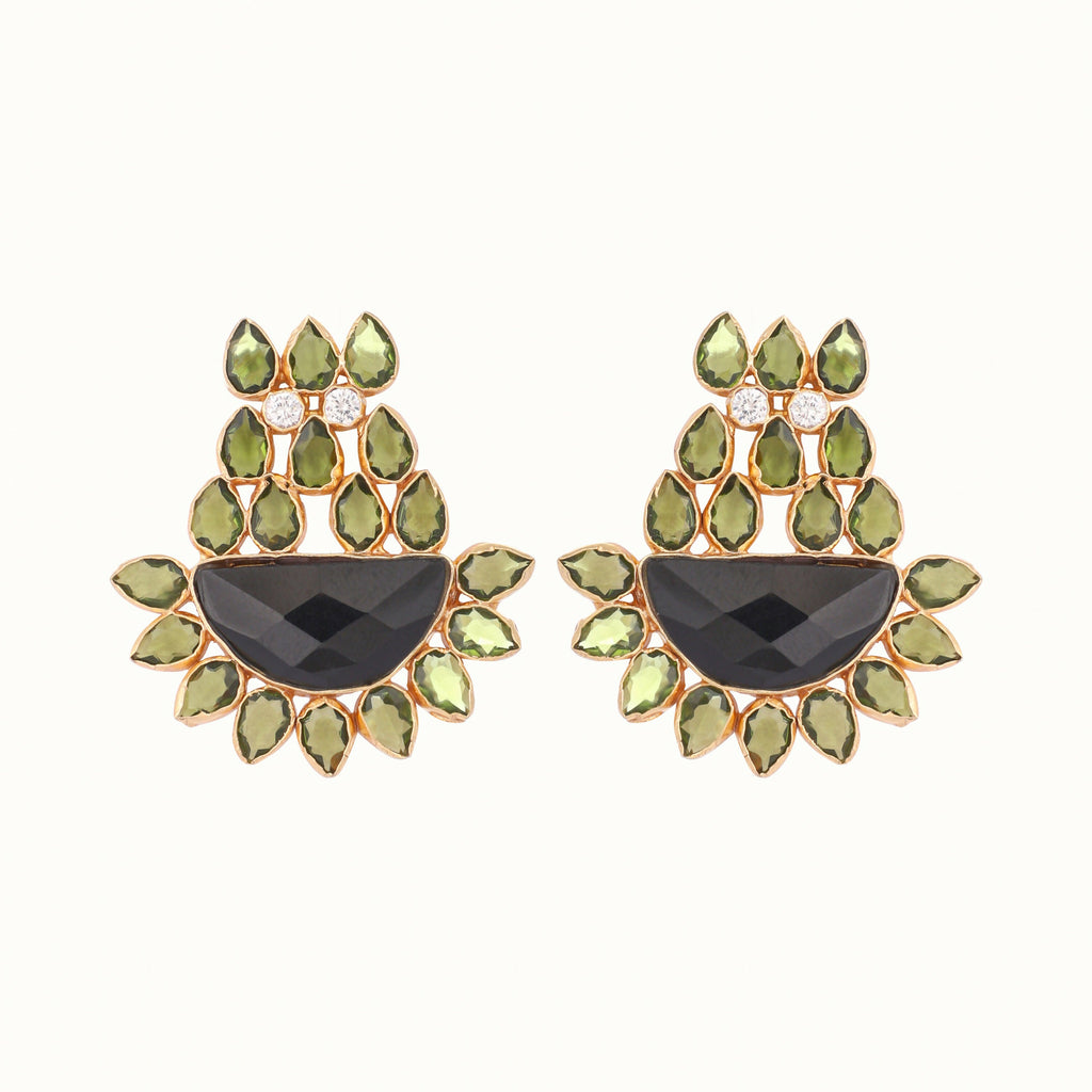 Nuyug 22K Gold Plated Dark Crystal Studded Contemporary Floral Shaped Stud Earrings
