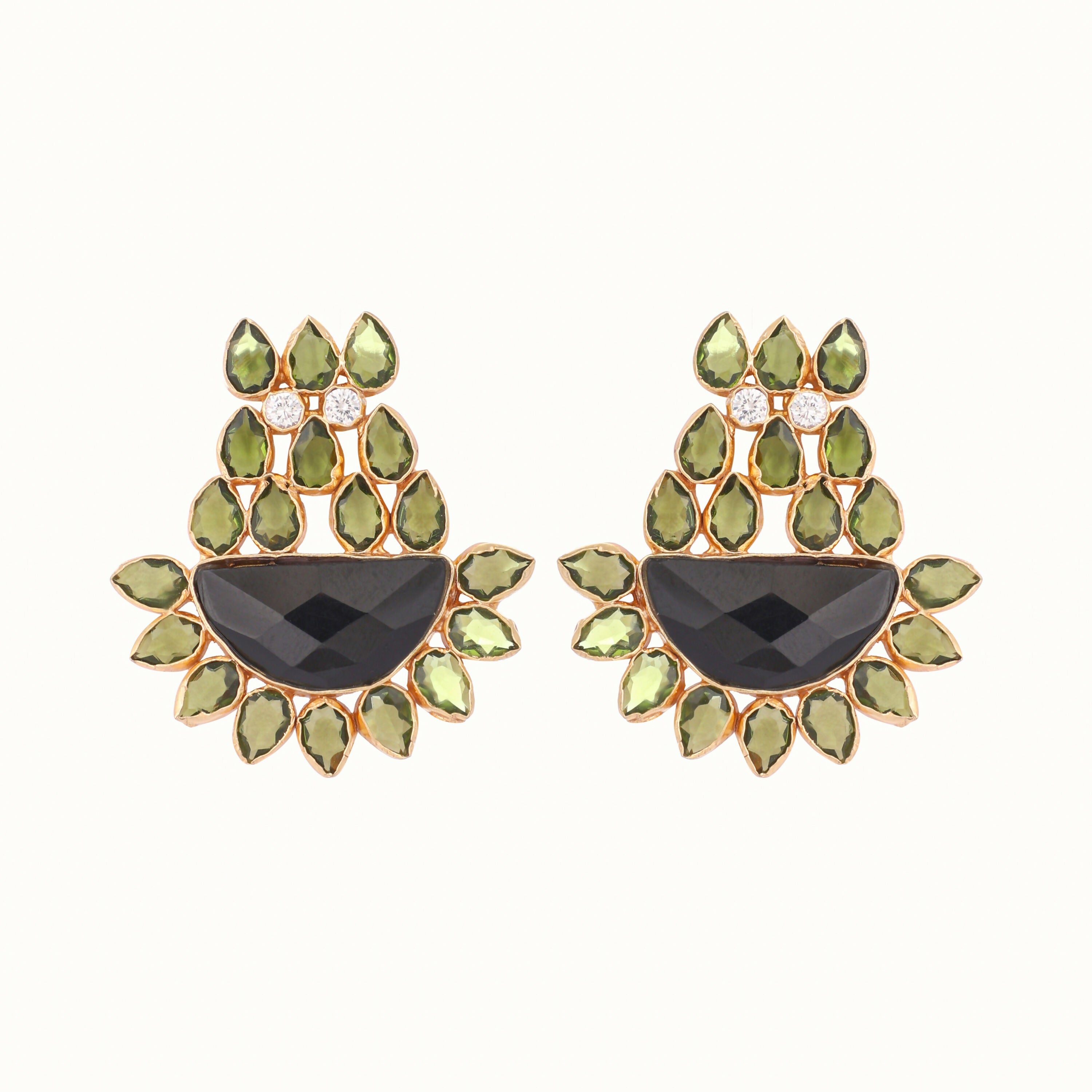 Nuyug 22K Gold Plated Dark Crystal Studded Contemporary Floral Shaped Stud Earrings