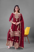 Prazu Fashion Maroon Georgette Embroidered Rivet Moti Work Palazzo Suit