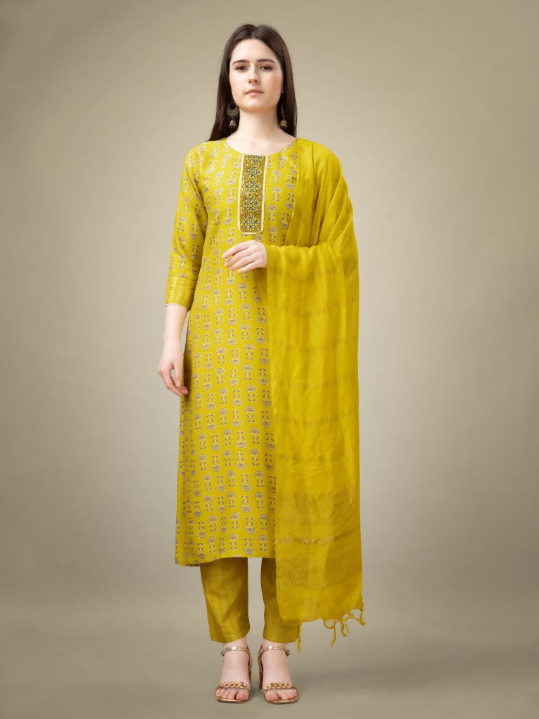 Jyoti Fashion Women's Yellow Rayon Embroidery & Sequence work Kurta with Trouser & Dupatta