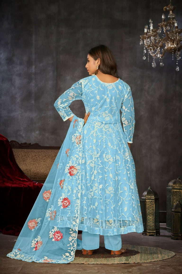 Jyoti Fashion Women's Sky Blue Net Embroidered Anarkali Kurta Pant Set With Dupatta
