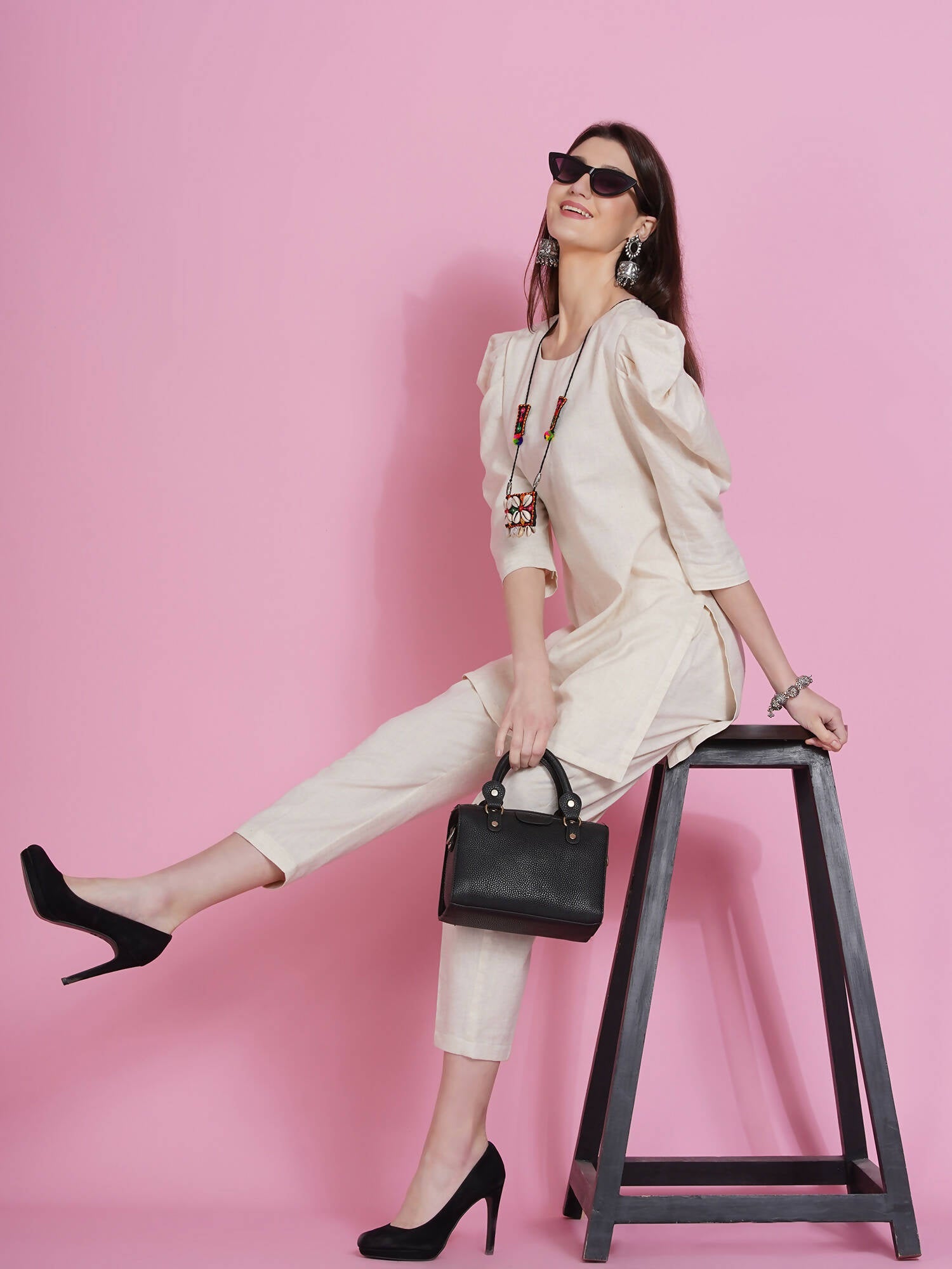 Women Republic Off White Cotton Flex Kurta With Attached Necklace And Pants