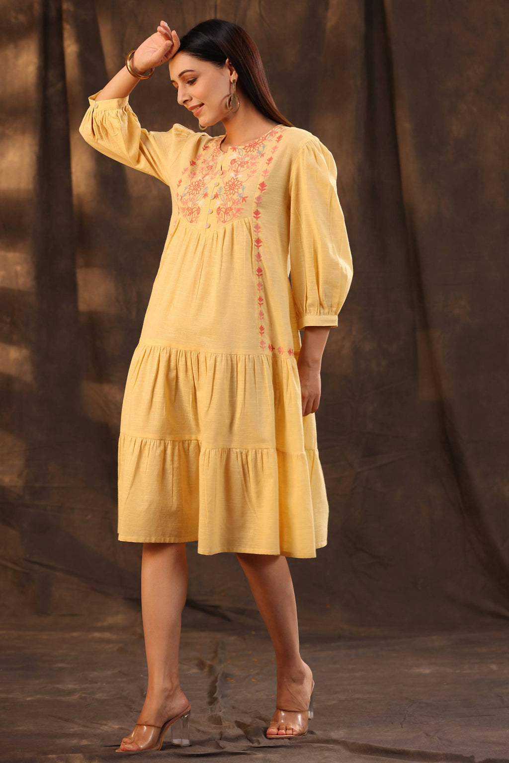 Juniper Women's Yellow Cotton Slub Solid Embroidered Tiered Dress