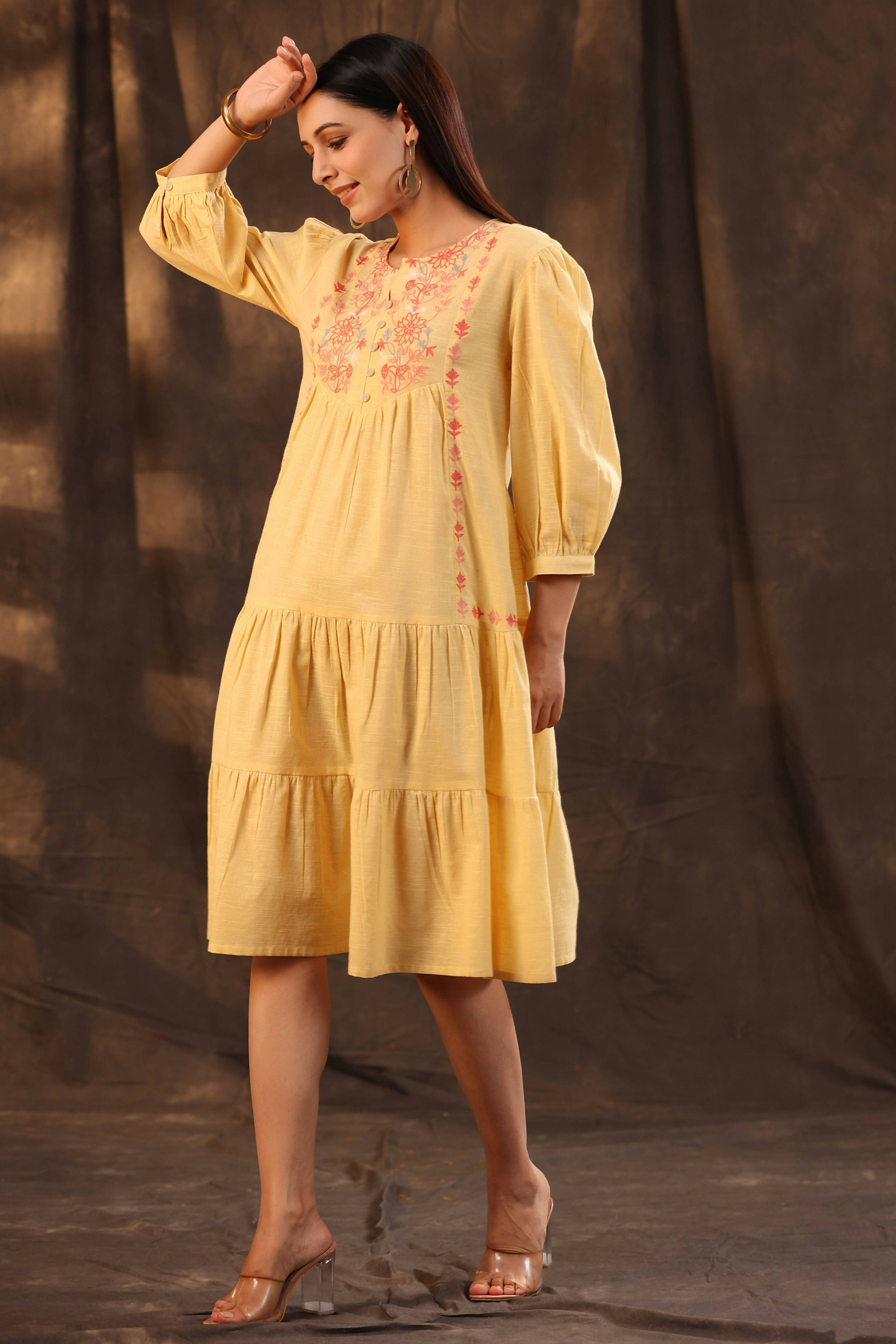 Juniper Women's Yellow Cotton Slub Solid Embroidered Tiered Dress