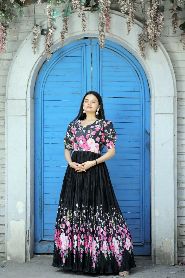 Jyoti Fashion Women's Black Floral Digital Printed Chinon Anarkali Dress