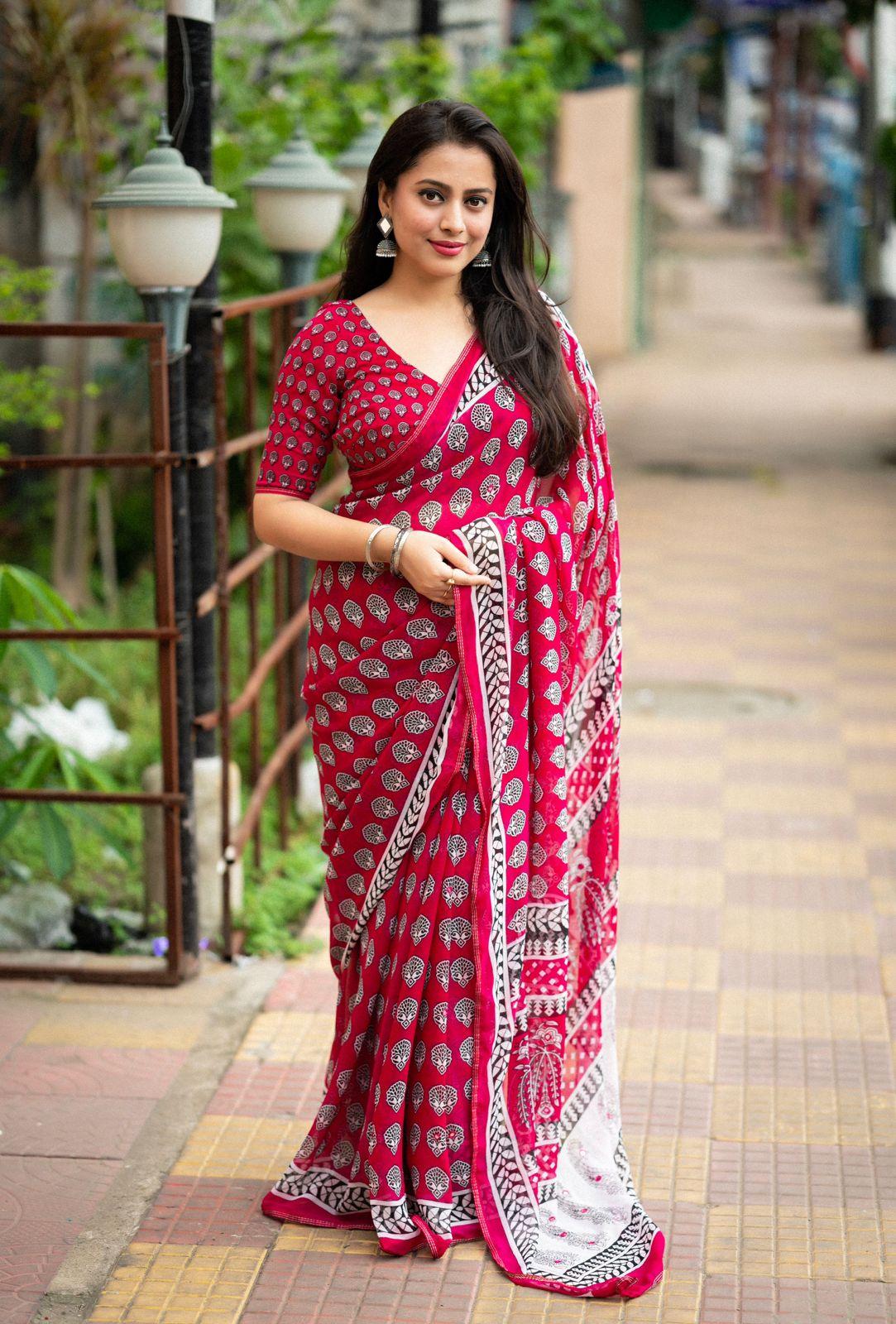 Rani Poly Georgette Ajrak Saree with Unstitched Blouse - Hiral Fashion