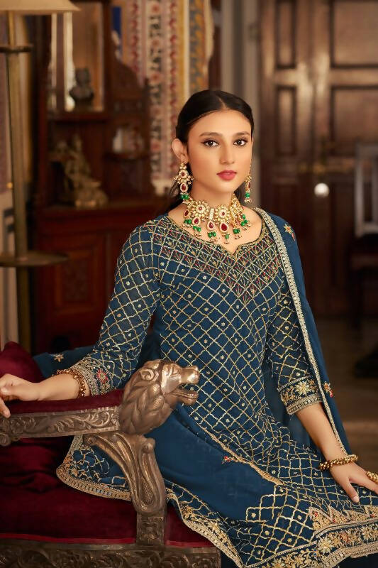 Teal Heavy Chinon Semi Stitched Kurta with Bottom & Dupatta - Dhvani