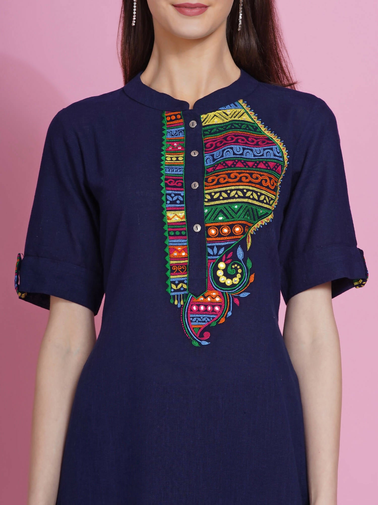 Women Republic Navy Blue Cotton Embroidered Kurta With Pants