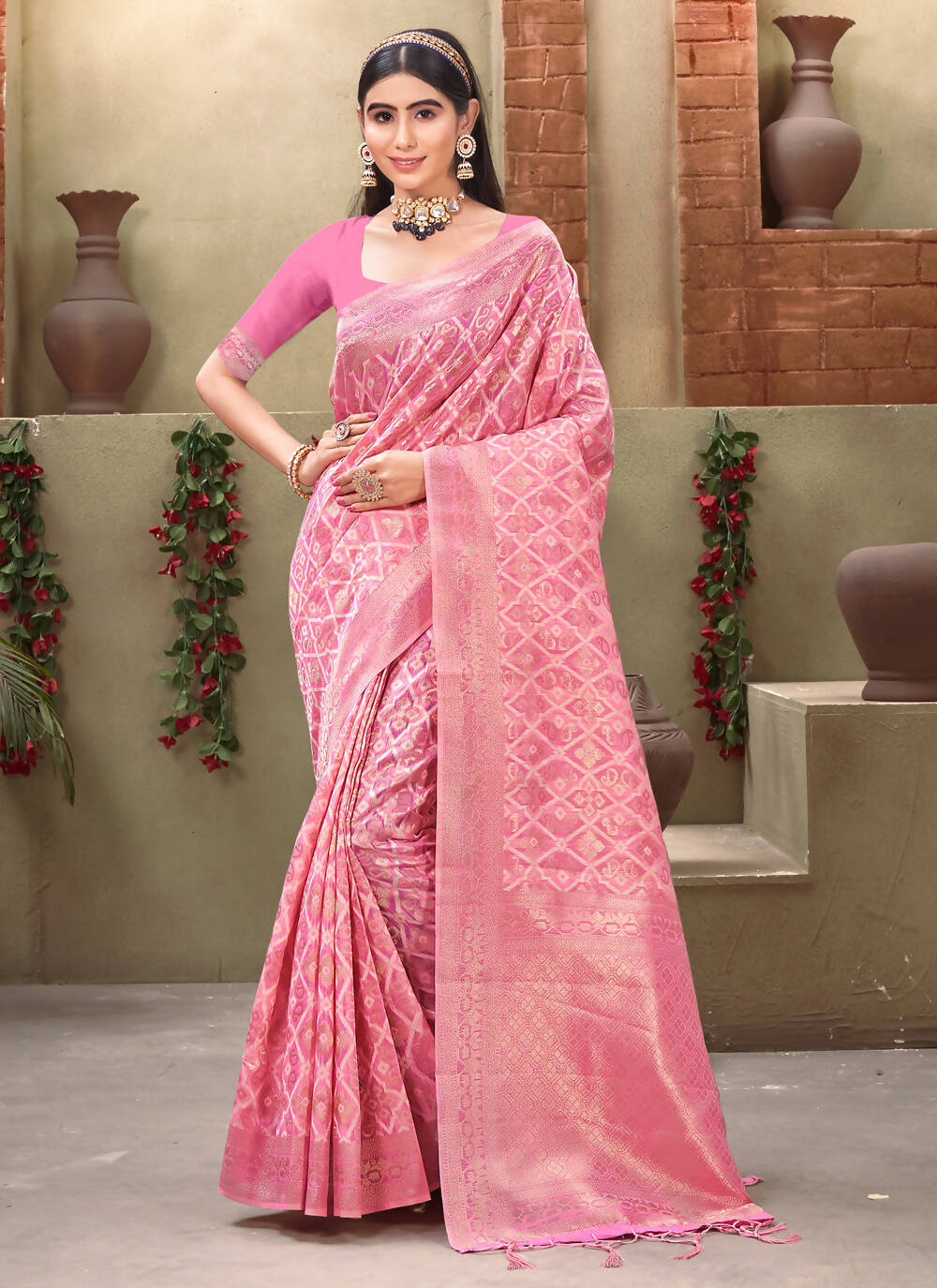 Pink Cotton Zari Woven Design Saree with Unstitched Blouse Piece - Aachal