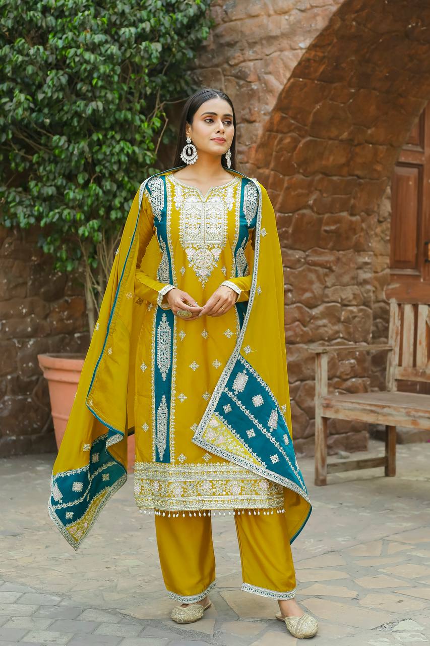 Teeya Creation Mustard Color Chinon Silk Heavy Work Fully Stitched Pakistani Salwar Suit