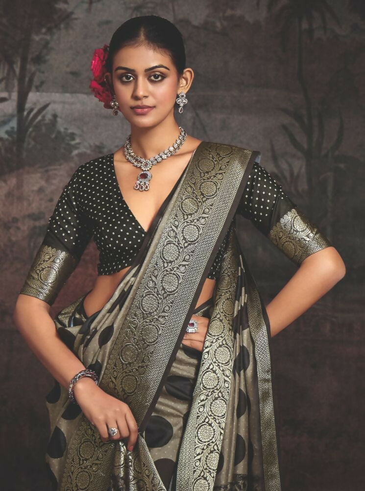 Joban Fashion Dark Grey Dola Tussar Silk Self Jacquard Border Saree