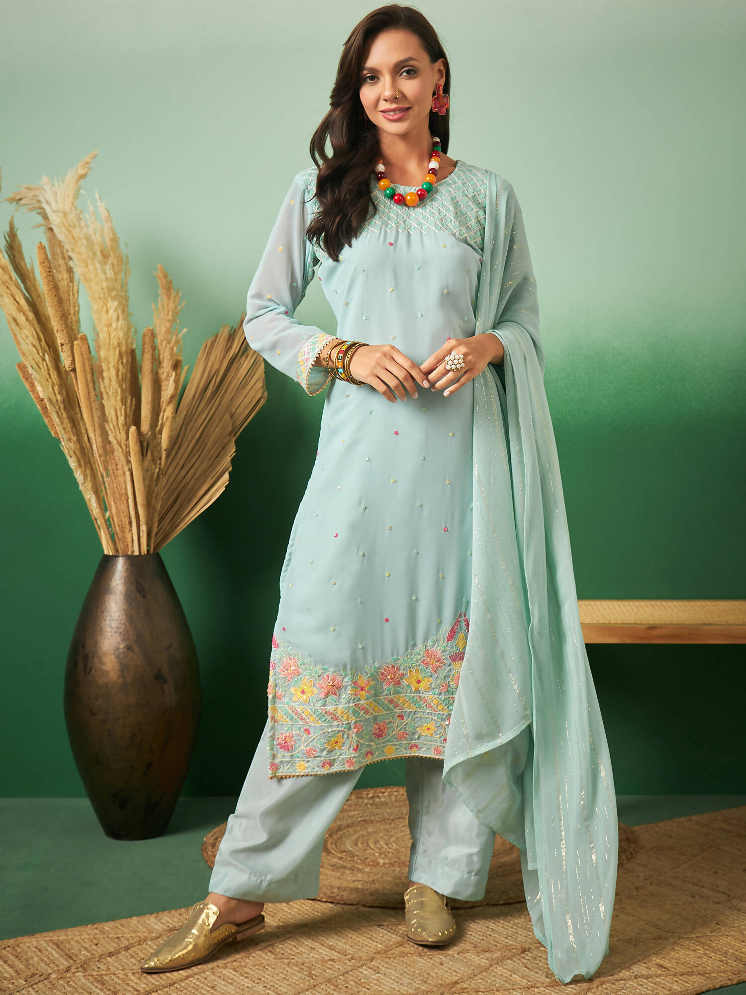 Sky Blue Georgette Handwork Unstitched Dress Material - Hanika