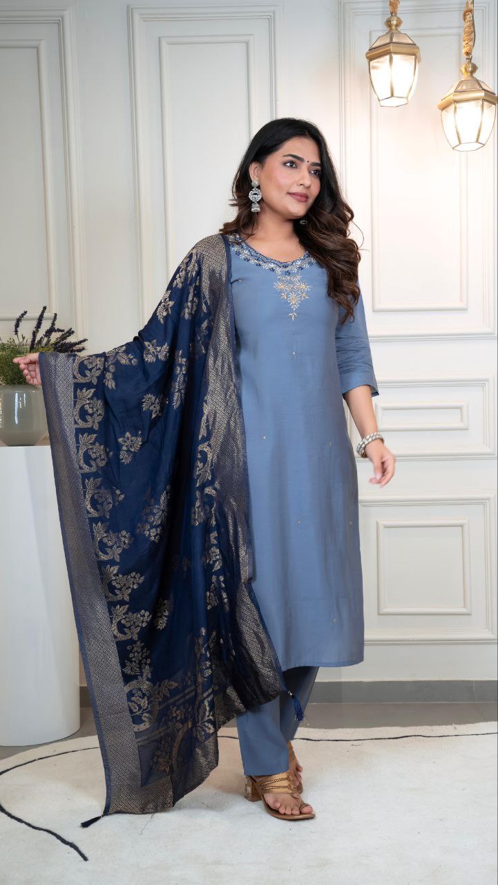 Lorenvalley Fashion Steelblue Roman Silk Hand Work Kurta Pant with Dupatta