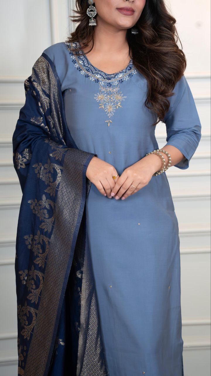 Lorenvalley Fashion Steelblue Roman Silk Hand Work Kurta Pant with Dupatta