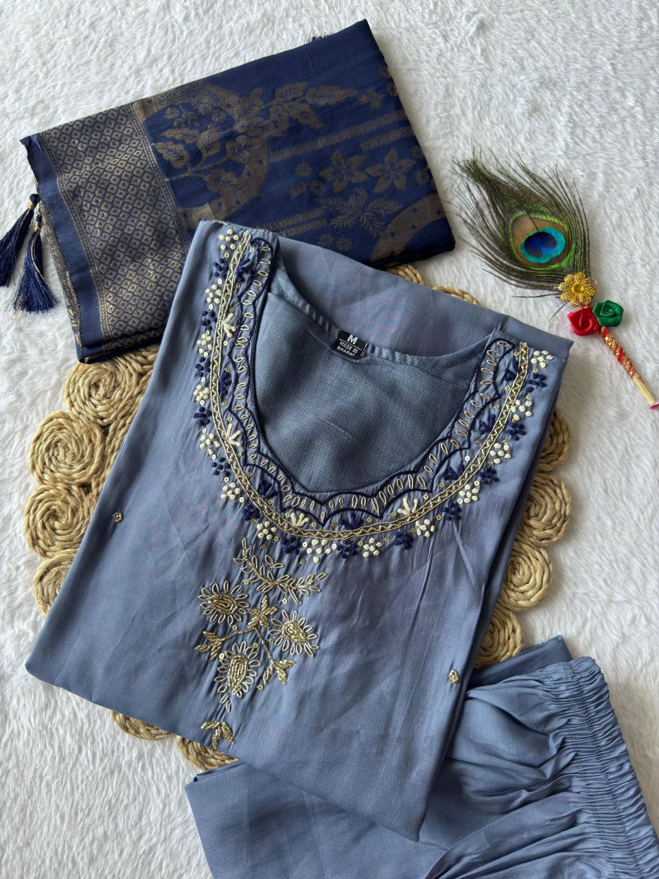 Lorenvalley Fashion Steelblue Roman Silk Hand Work Kurta Pant with Dupatta