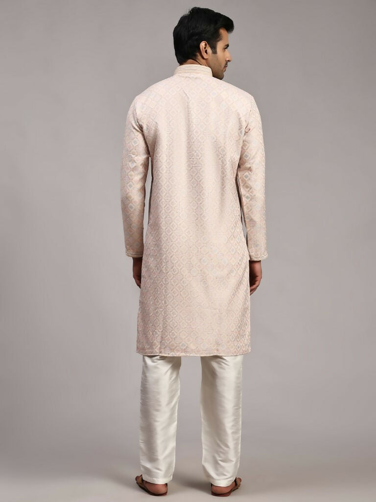 Pink Viscose Jacquard Woven Jacquard Designer Men's Rajwadi Kurta Set - Mahotsav