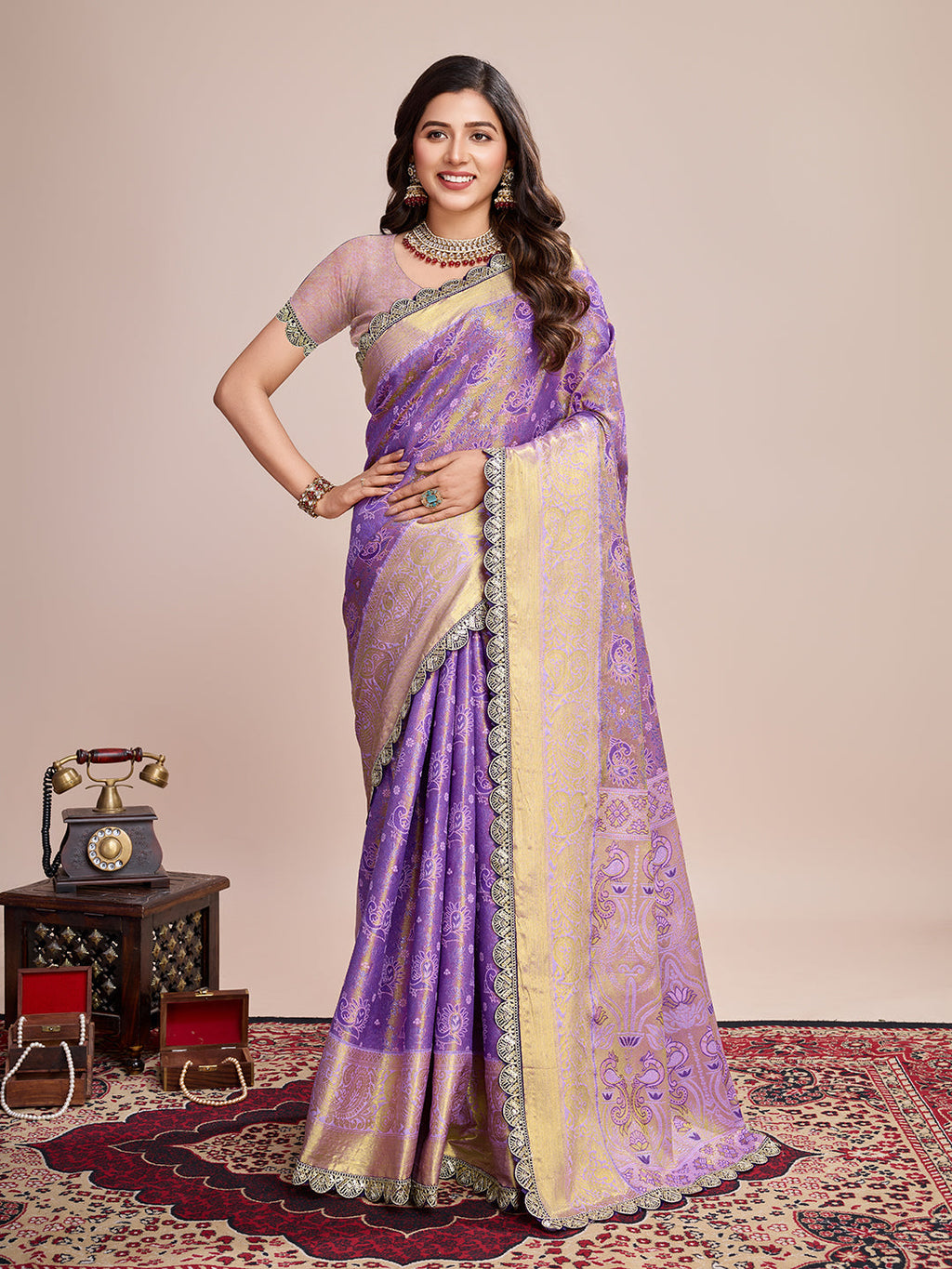 Vedant Vastram Soft Litchi Silk Kanjeevaram Silk Saree - Lavender
