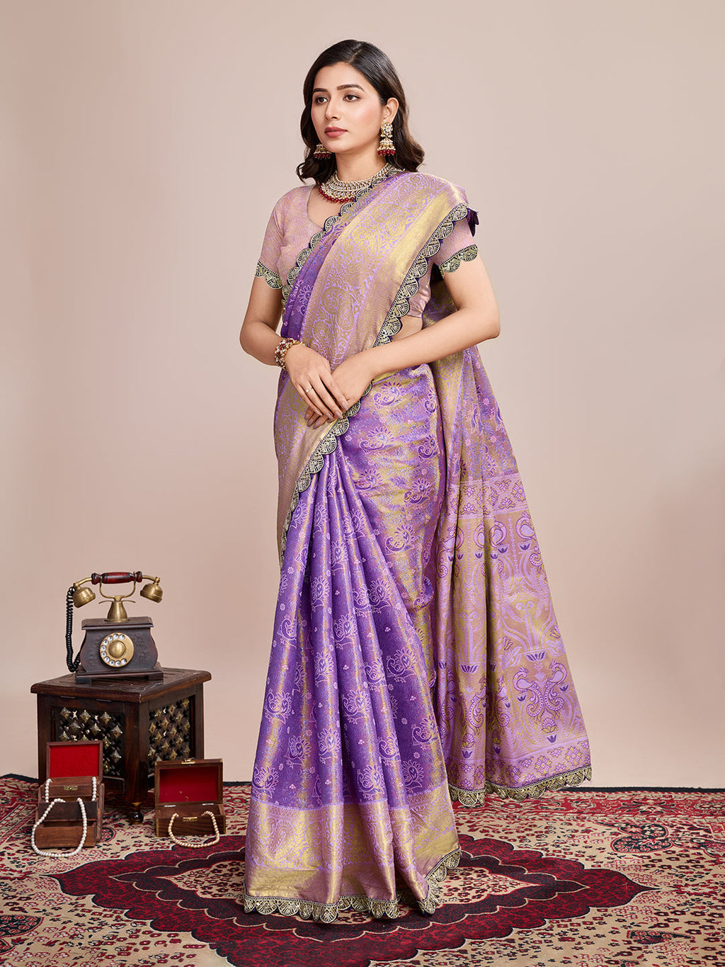 Vedant Vastram Soft Litchi Silk Kanjeevaram Silk Saree - Lavender